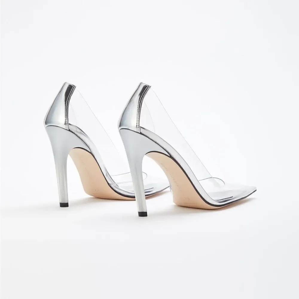 Good American Clear PVC Pointed Toe Stiletto Heels with Silver Trim